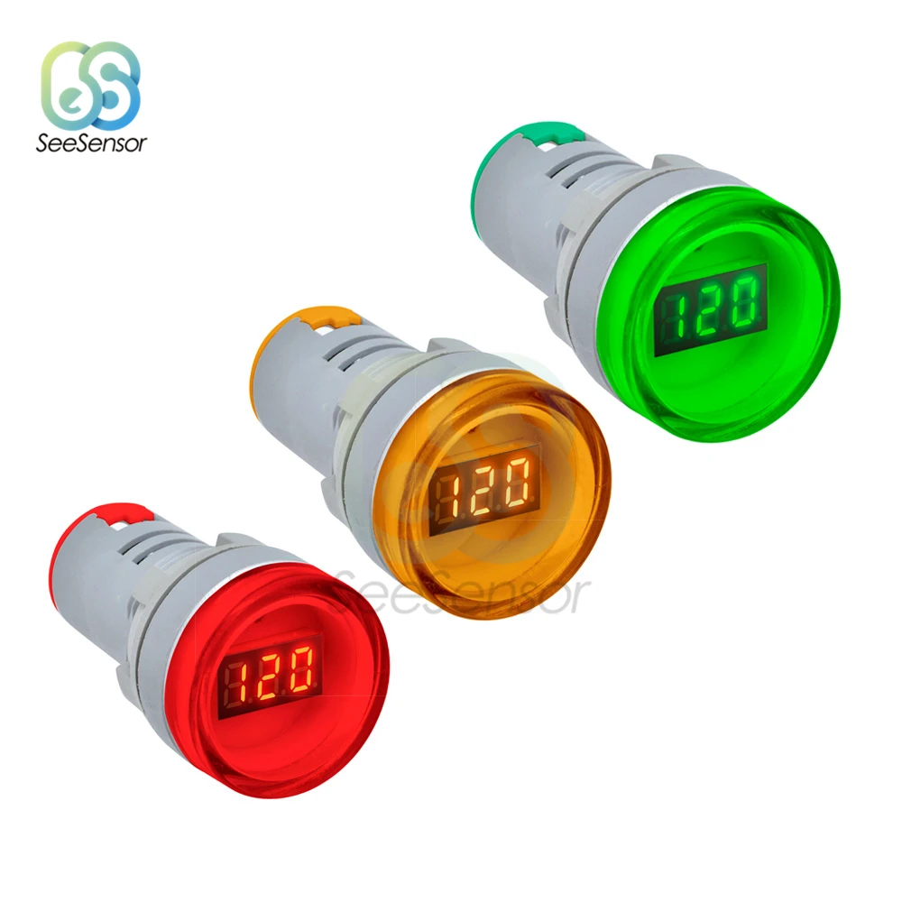 

LED Digital Display Voltmeter Gauge Volt Voltage Meter Indicator Pilot Light T90 AC 60V-500V 0-50A Orange Green Blue 22mm
