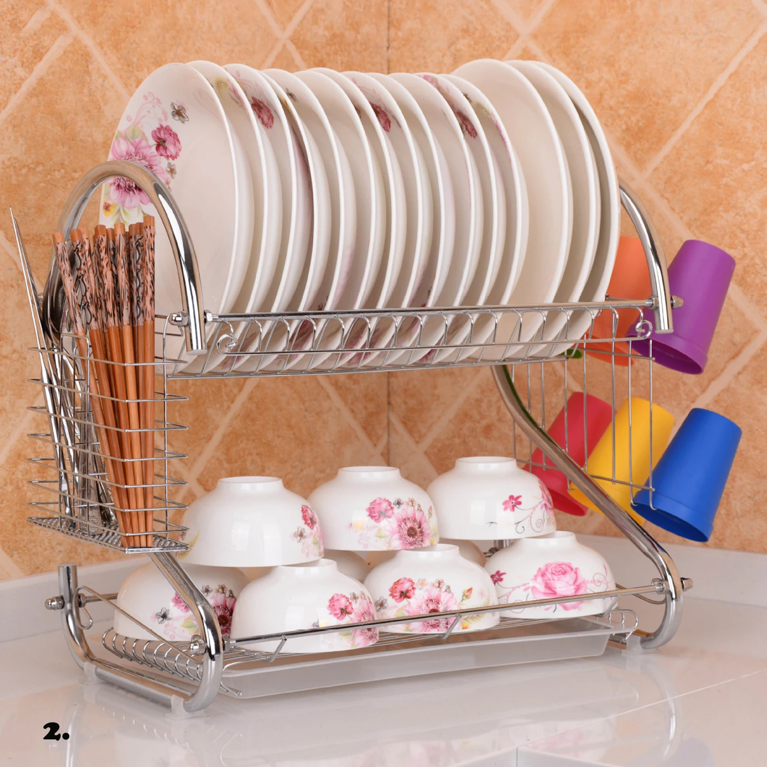 

Behogar Double Tiers Shelf Stainless Cutlery Dish Rack Drainer Kitchen Storage Boxes Dryer Drip Cup Rack Plates Holder Accessory