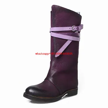 

Choudory Botas femininas purple black rain boots women buckle strap genuine leather shoes thigh high cowboy boots platform heels