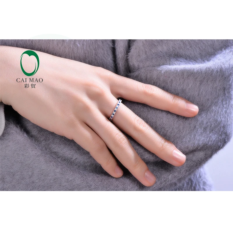 Caimao Jewelry 14K White Gold 0.13ct Sapphire & 0.09ct Diamonds Engagement Wedding Band Free shipping