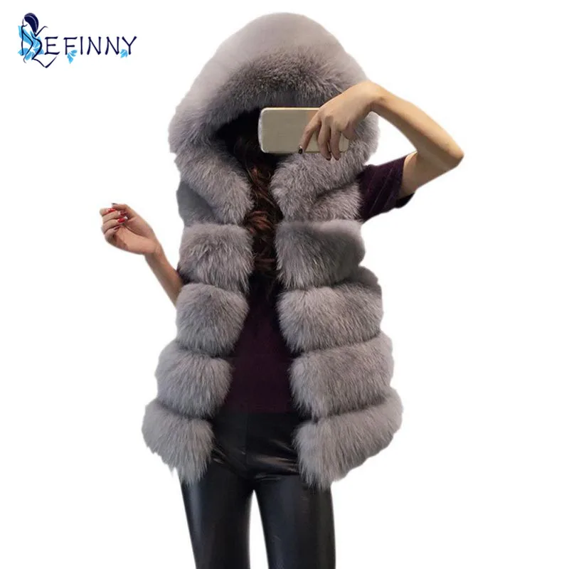 

Faux Fox Fur Vest New Winter Thick Warm Fur Vest Hooded Coat Female High imitation Fur Jacket Grey Outerwear