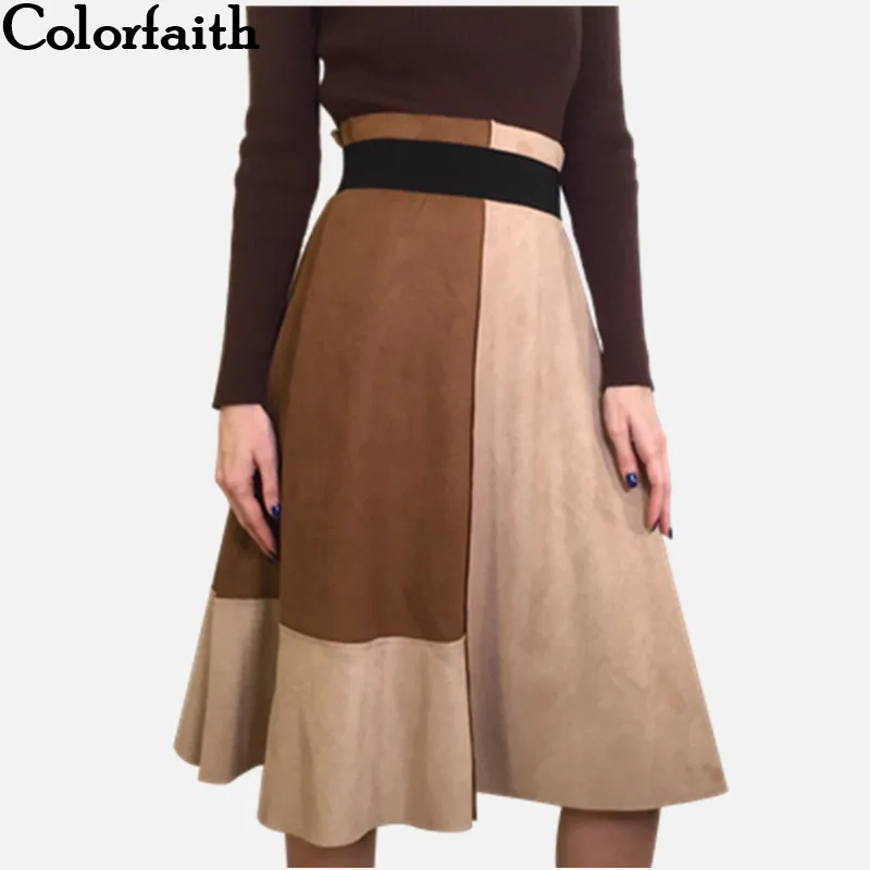 Colorfaith 2018 Women Suede Midi Skirt Autumn Winter Vintage Patchwork Pleated Elegant Ladies Skirt High Waist Femininas SK5549 Colorfaith 2018 Women Suede Midi Skirt Autumn Winter Vintage Patchwork Pleated Elegant Ladies Skirt High Waist Femininas SK5549
