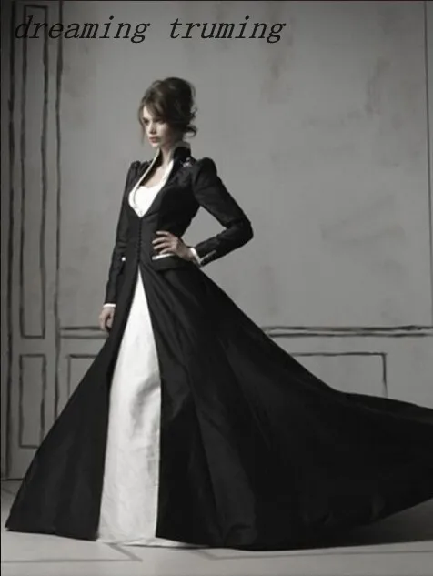 

2019 Vintage Medieval Victorian Black Gothic Wedding Dresses With Long Sleeves Two Piece High Neck Bridal Gowns Vestido De Noiva