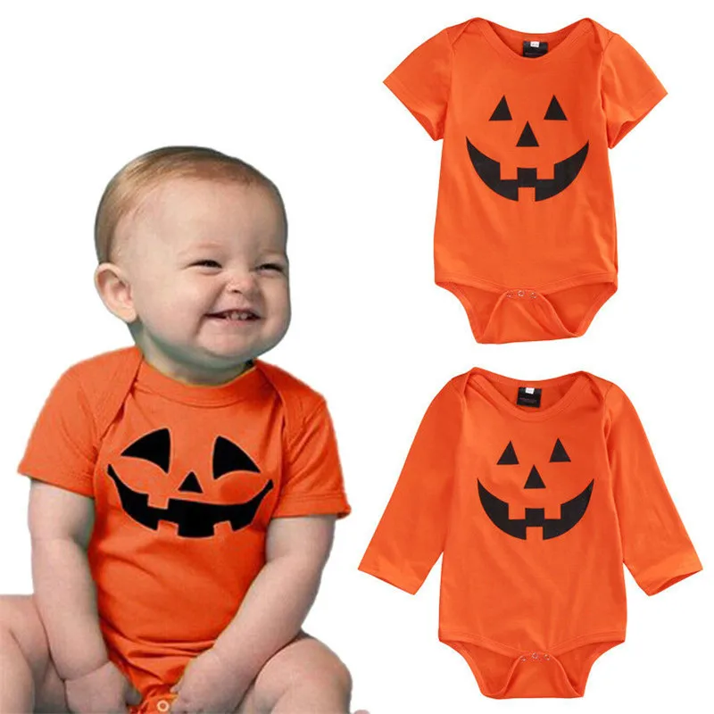 Newborn Baby Boy Girl Halloween Bodysuit Long And Short Sleeve Pumpkin