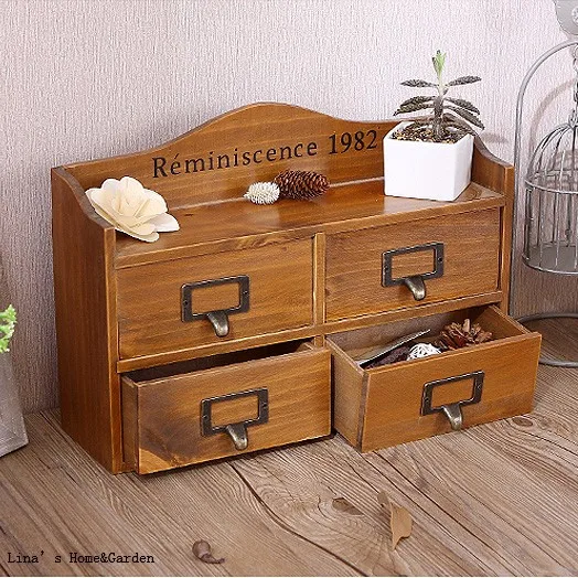 Tabletop Vintage Brown Solid Small Wooden Drawer Boxes In Storage