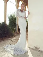 Free Shipping Mermaid V-Neck Keyhole Back Sweep Train Lace Wedding Dress Long Sleeve By Riki Dalal AW432