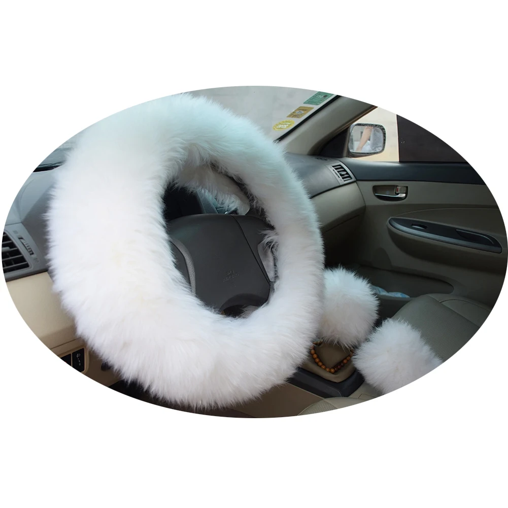 

Winter Warm Wool Handbrake Cover Gear Shift Cover Steering Wheel Cover 38cm diameter 1 Set 3 Pcs