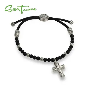 

Cross Bracelet Bangle for Women Men 925 Sterling Silver Black-CreatedAgate Cotton Paraffined Adjustable Bracelet Fashion Jewelry