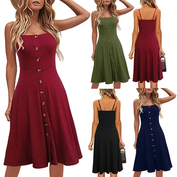 

Women's Strapped Sleevless Dress Button High Waist Dress Ladies Beach Evening Party Midi Dress Summer 2019