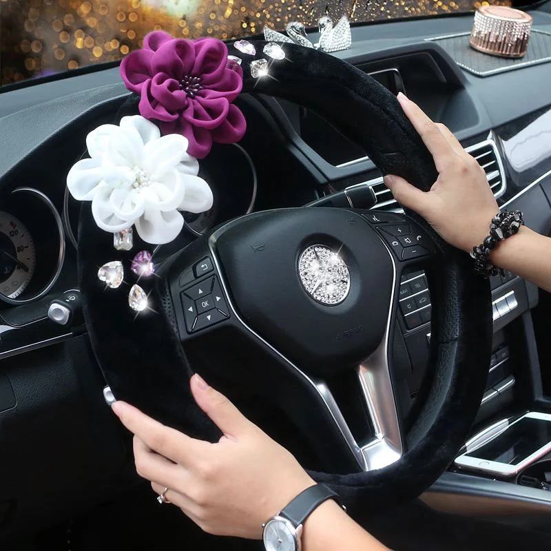 Roses-Flower-Car-Interior-Deco-Crystal-Plush-Car-Steering-Wheel-Cover-Seat-Belt-Gear-Shift-Set-Auto-Accessories-for-5