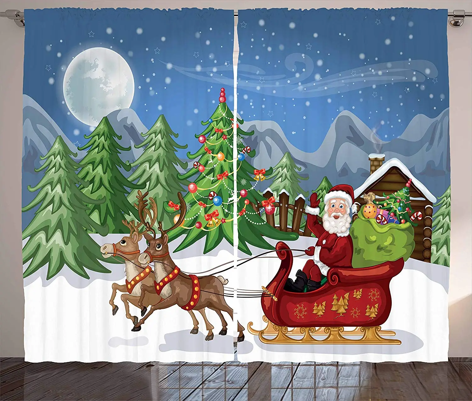 

Christmas Curtains Country Landscape at Night with Trees Santa Claus Snowdrift Reindeers Living Room Bedroom Window Drapes