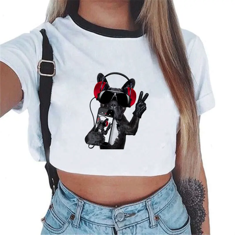 Französisch Bulldog Crop Top Femme Bluse Hund Drucken Kurzarm 2018 Frauen Art Und Weise O-ANSATZ Nette Shirts Harajuku Tops Camisa Feminina