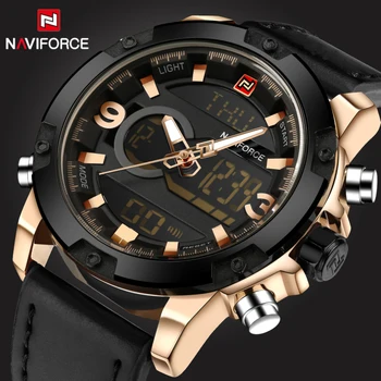NAVIFORCE Men's Luxury Dual Time Display Waterproof Calendar Chronograph Leather Quartz Watches 1
