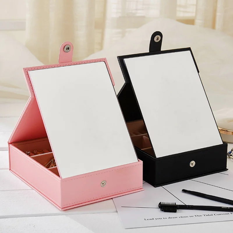 

Korean Style Jewelry Box With Big Mirror Multi-functional Necklace Rings Jewelry Boxes Useful Makeup Organizer Travel Portable