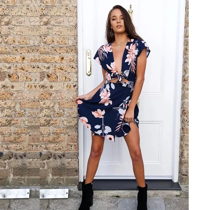 yinlinhe Floral beach Summer Dress short sleeve 2018 bowknot Lace Up Wrap Dress Women Sexy Crop Elegant boho Vestidos 1
