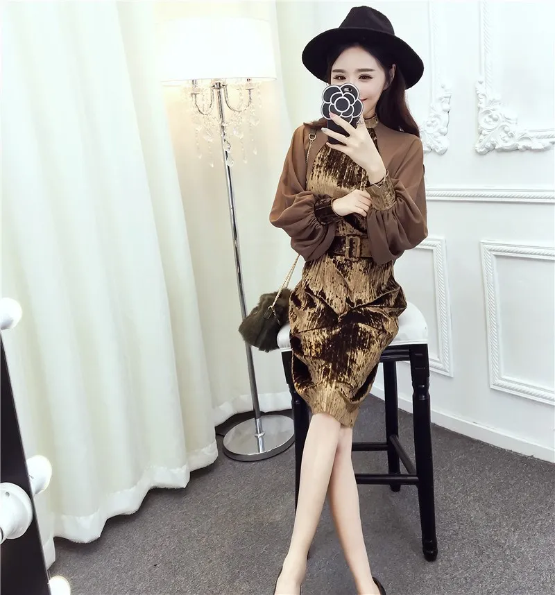 2018 Autumn Fashion Chiffon Lanterns Sleeve Velvet Patchwork Dresses Vintage Sashes Pleated Velvet Dress Dresses