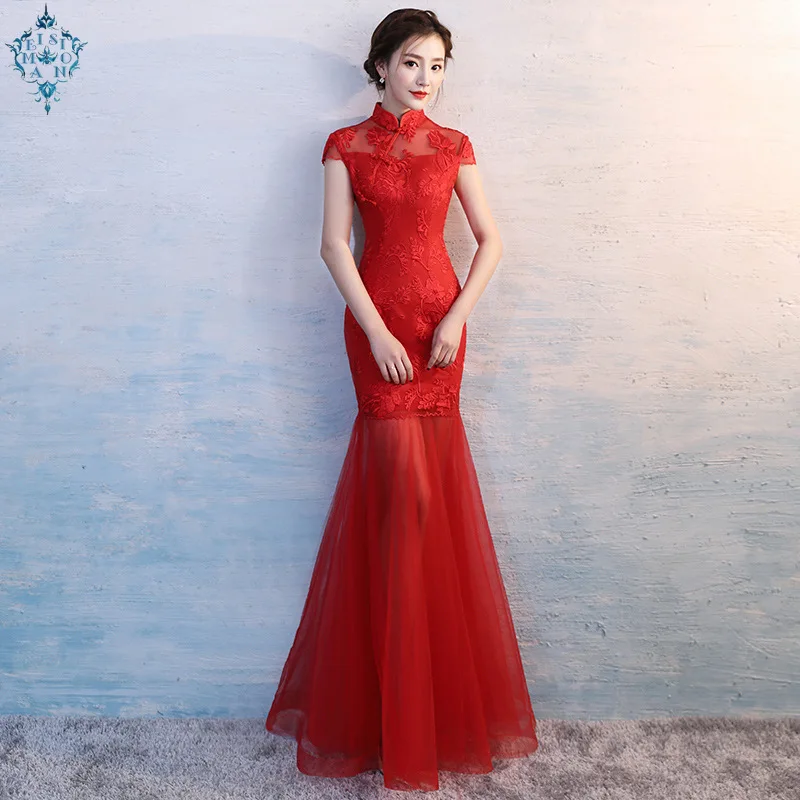 

Ameision 2019 New Red Elegent Long Bride Toast Evening Dress Trumpet Dress Lace Mesh Slim Formal Evening Gowns Dresses