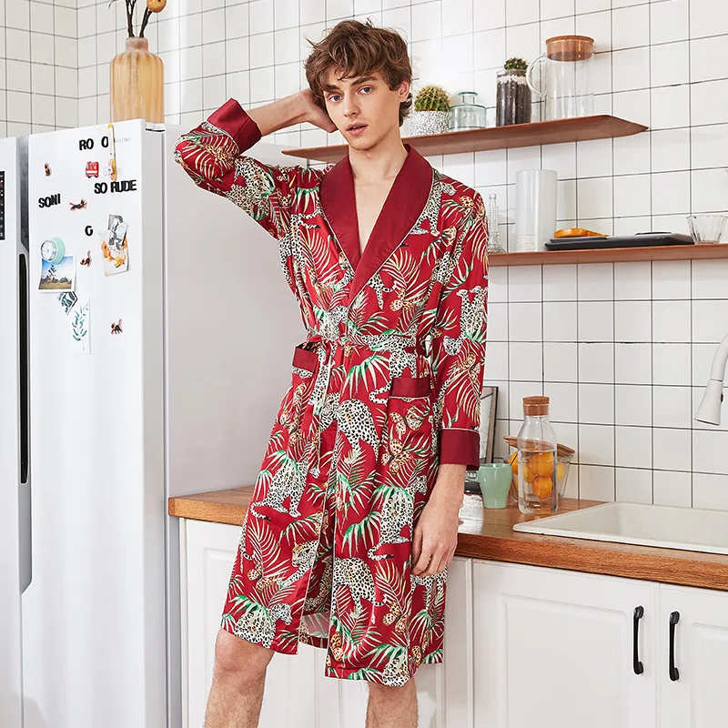 CEARPION Для мужчин атлас халат кимоно Homme шелковистой Пижама-халат свободные леопардовая Пижама Халат для мужчин модные домашняя одежда