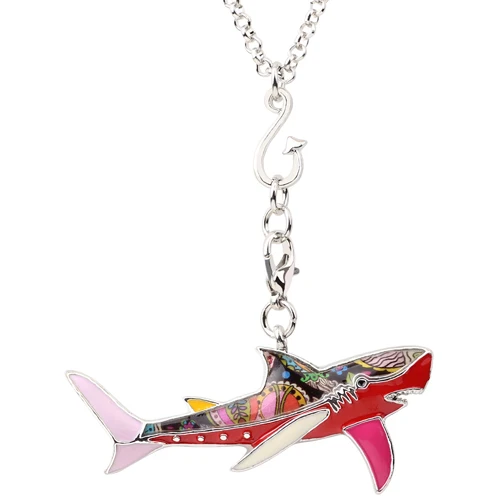 Bonsny массивное Макси эмалированное металлическое Рыбье ожерелье с акулой Подвески цепочка Мода океан животное ювелирные изделия для женщин девушки аксессуары - Окраска металла: Red