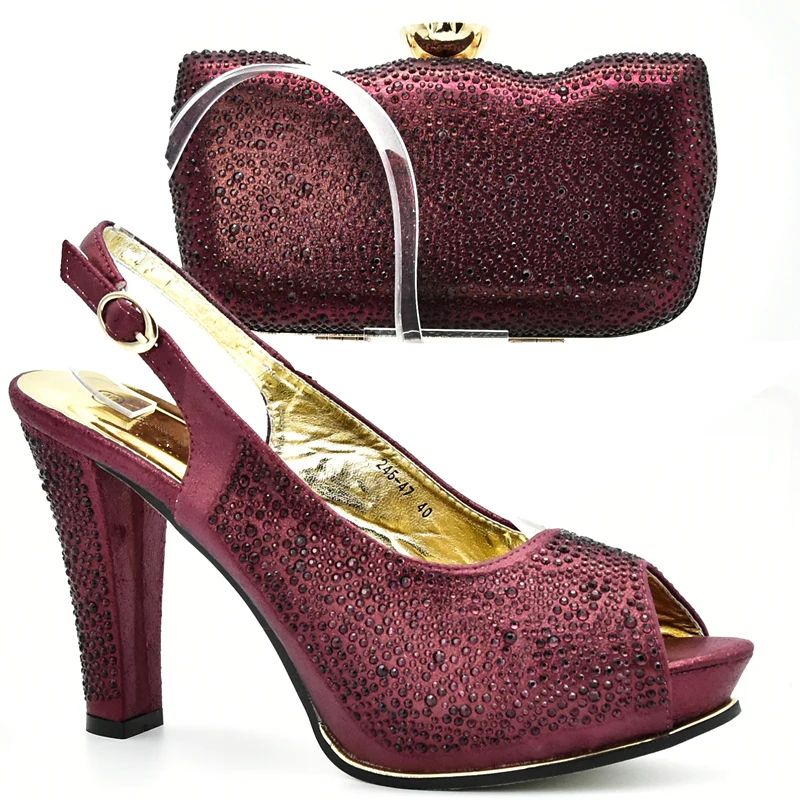 

High Quality Red Color African Designer Shoes and Bag Set To Match Italian Party Shoes with Matching Bags Set with Rhinestone