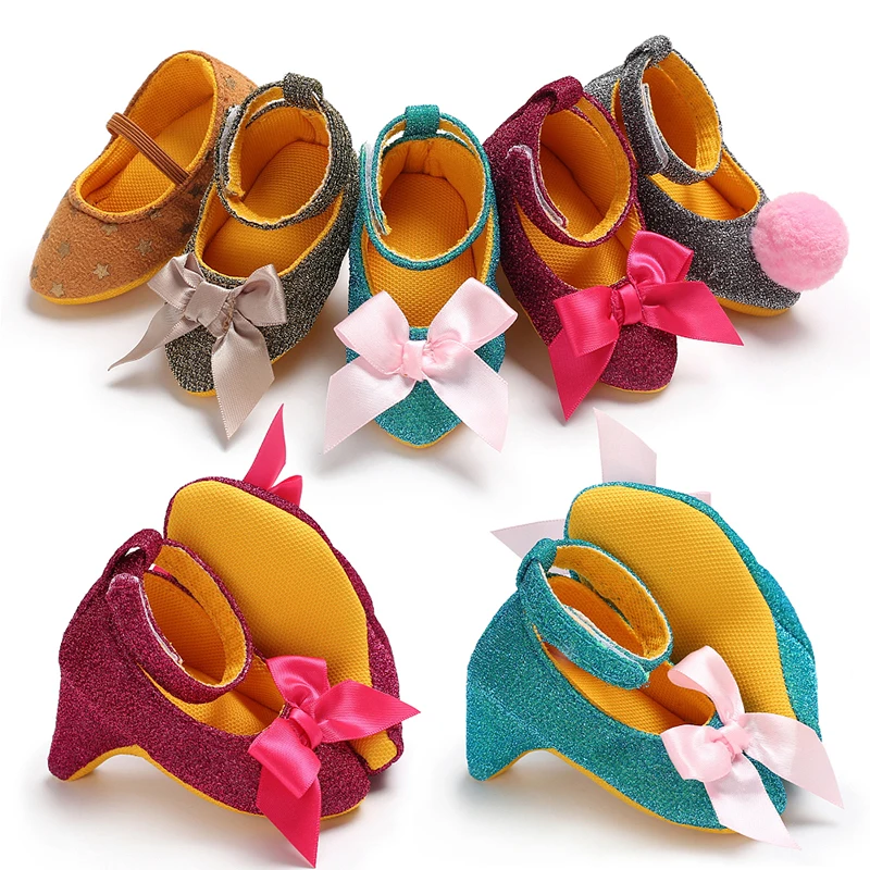 CANIS/ г.; обувь для новорожденных девочек на высоком каблуке с мягкой подошвой; обувь принцессы с бантом и помпонами для малышей