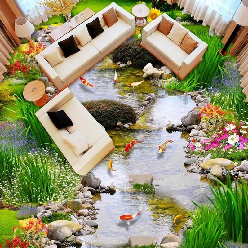 Pastoral Creek Custom 3D Floor Murals PVC Self-adhesive Waterproof Floor Sticker Wallpaper For Living Room Bedroom Restaurant