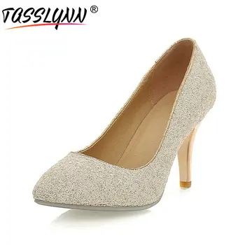 

TASSLYNN 2019 Women Pumps Party Sequins Bling Spring and Autumn Pointed Toe Slip on Shallow Pumps Shoes Big Size 34-43