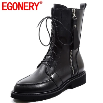 

EGONERY 2019 new concise leisure round toe genuine leather med square heel zip women shoes winter warm cross-tied mid calf boots