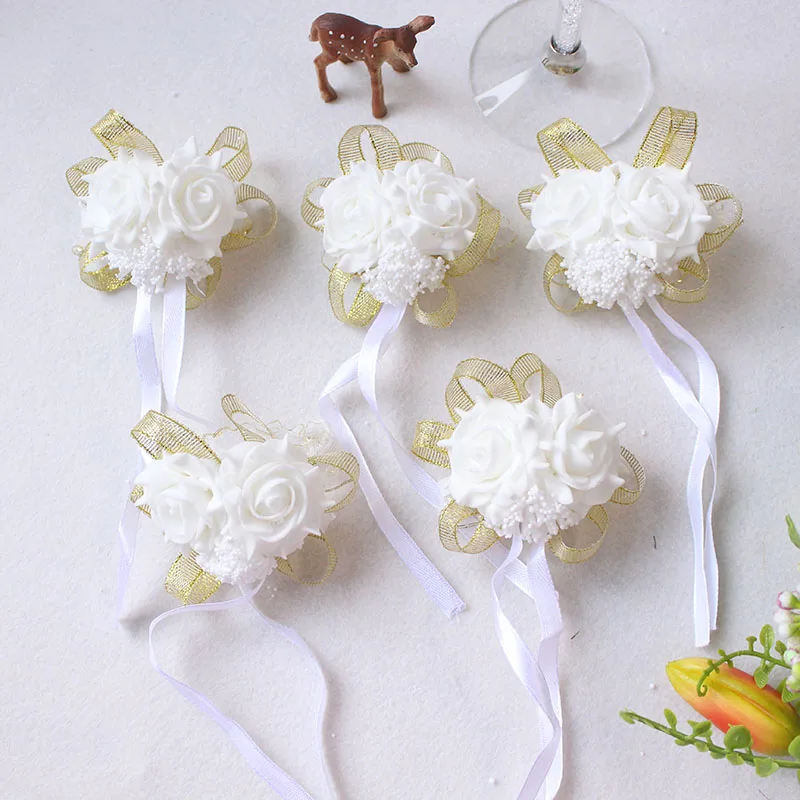 White Pink Red Wedding Rose Wrist Flowers Hand Corsage Boutonniere Pins (28)
