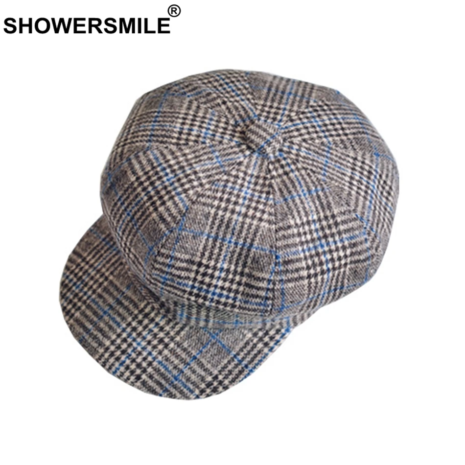 

SHOWERSMILE Tweed Gatsby Newsboy Cap Women Khaki Newspaper Hat Casual Plaid Retro Houndstooth Flat Cap Men Autumn Octagonal Caps