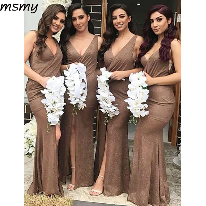 

Simple Mermaid V-Neck Bridesmaid Dresses Sleeveless Side Slit Cheap Long Bridesmaid Dresses Custom Made