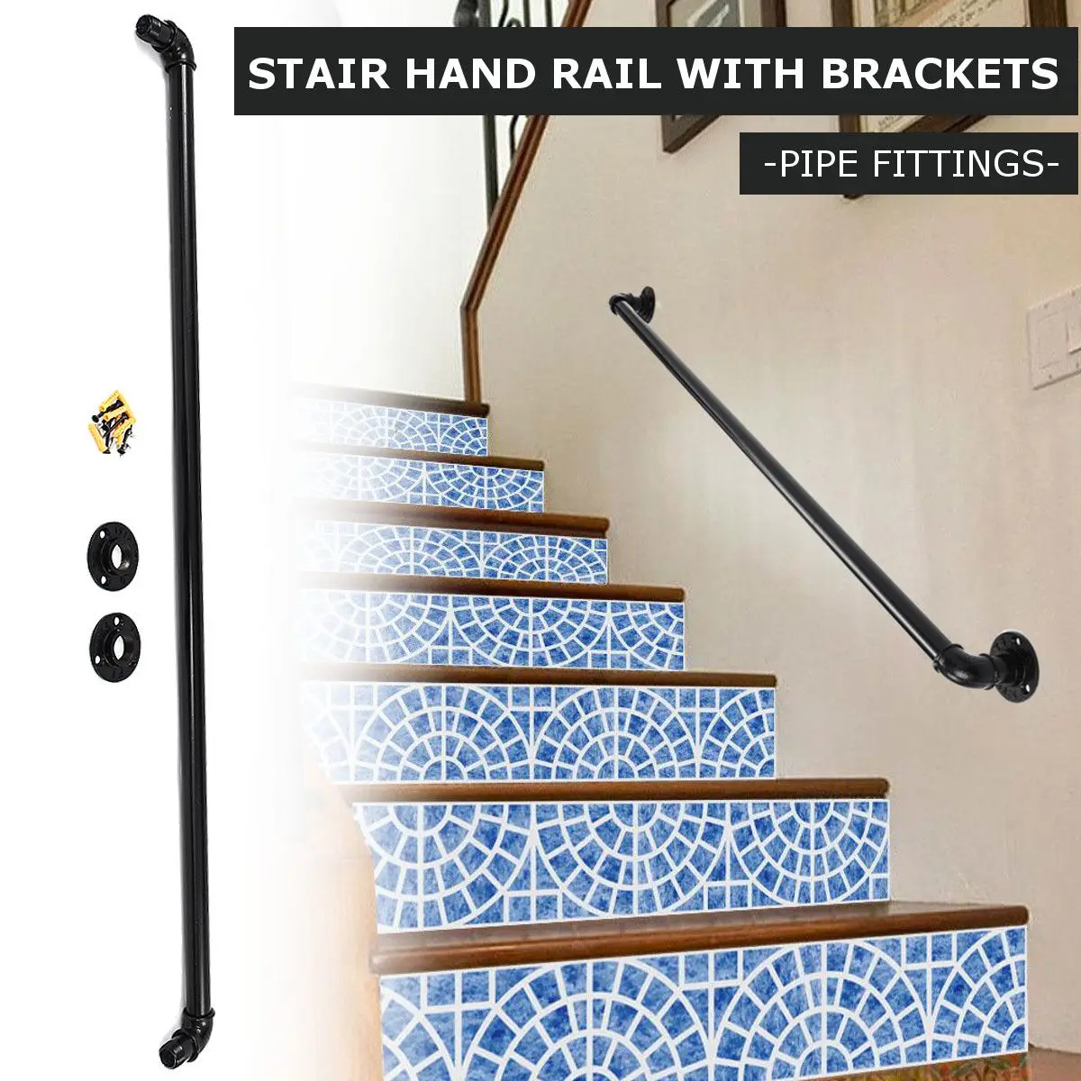 

100cm Industrial Retro Bookshelf Black Wall Ceiling Mounted Open Bookshelf Parts Bracket Iron Pipe Shelf Stair Bathroom Handrail