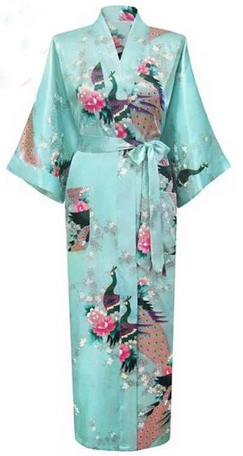 Синий новое шёлковое кимоно, Для женщин Длинные сексуальный халат невесты ночь выросли халаты для летнего отдыха; одежда для сна плюс Размеры RB003 - Цвет: Long Light blue