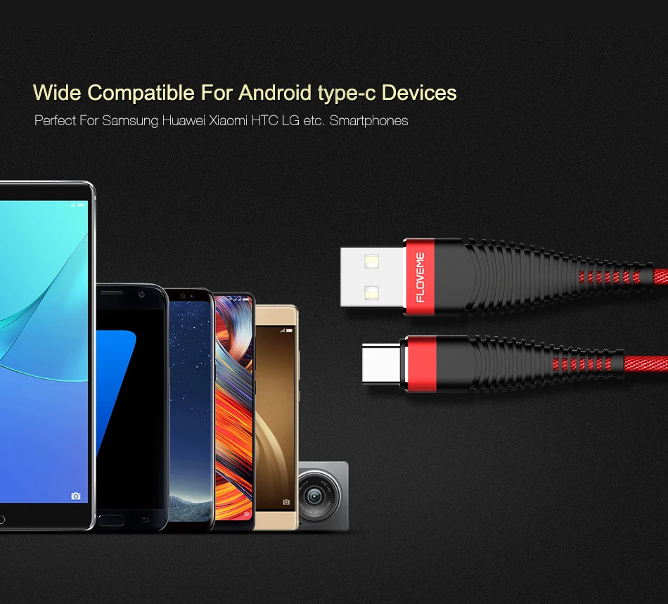 FLOVEME высокопрочный кабель usb type C для samsung Galaxy S10S/S8/S9/S7 Plus, зарядное устройство для телефона, кабель для передачи данных для Xiaomi Redmi Note 7