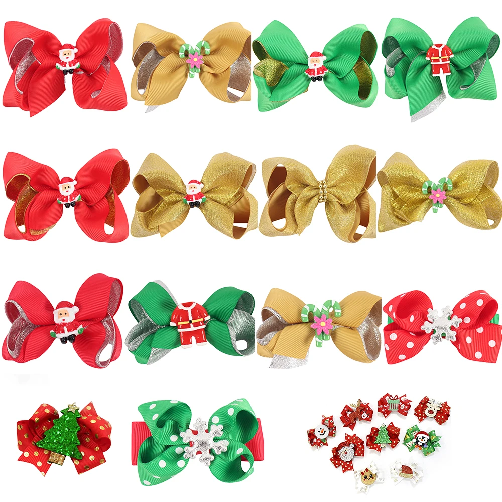 

3" Cute Christmas Hair Bow With Ribbon Cover Hair Clips Santa Claus White Polka Dots Christmas Hairpin Girls Hair Accessories