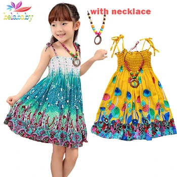 

Summer Bohemian Beach Girls Dress With Beading Necklace Sundress Floral Sling Dress For Girl Vestido Infantil dress 2020 new hit