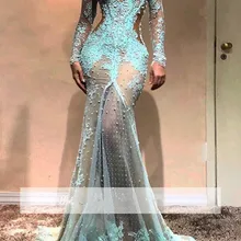 Бирюзовые мусульманские Вечерние платья Русалка Тюль с длинным рукавом кружево жемчуг исламский Дубай Саудовская Арабский длинное официальное вечернее платье