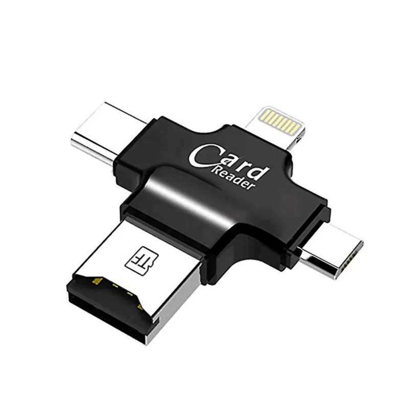 4 в 1 портативный супер скорость Micro TF кард-ридер для iPhone/ipad/ПК/Android с Lightning/usb type C/Micro USB интерфейсы - Цвет: Черный