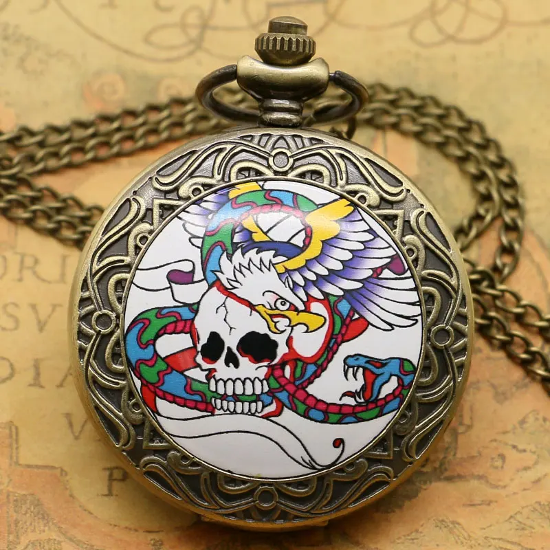 

2016 Latest Design Bronze Skull Eagle Snake Pocket Watch Elegant White Quartz Fob Watch With Chain Necklace