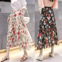Women's Pleated Long Maxi Skirt Floral Print High Waist Cocktail Club Bodycon Party Casual Beach Empire High Waist