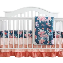 Комплект из 3 предметов, детская кроватка для девочек, юбка с рюшами, мини-одеяло, Персиковое цветочное детское постельное белье(темно-синий Коралловый Цветочный