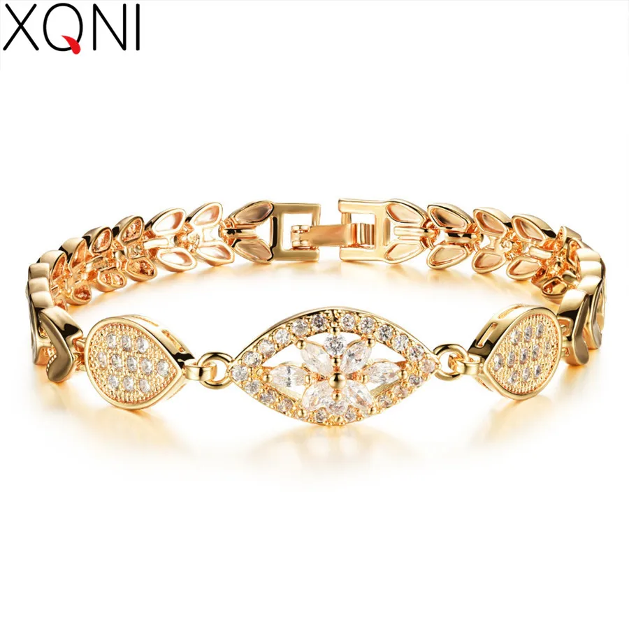 

XQNI Luxury Gold Color Chain Link Bracelet for Women Ladies Shining AAA Cubic Zircon Crystal Birthday Jewelry Gift