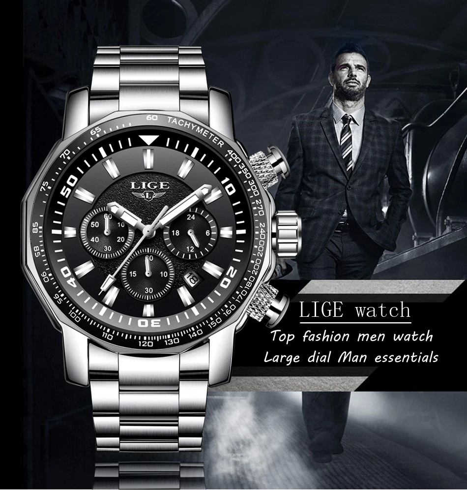 Для мужчин часы LIGE лучший бренд класса люкс Повседневное кварцевые часы Для мужчин полный Сталь Водонепроницаемый большой циферблат