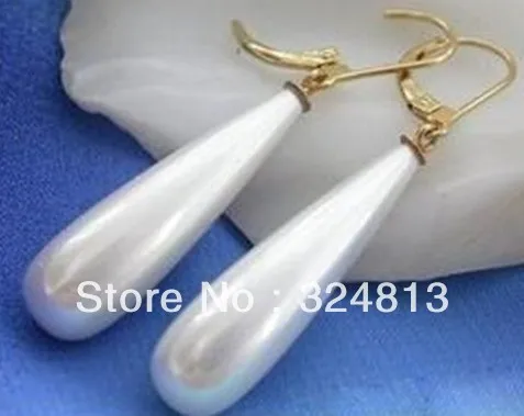 

Rare Beautiful White Shell pearl long Teardrop Gold color hook earring #2175