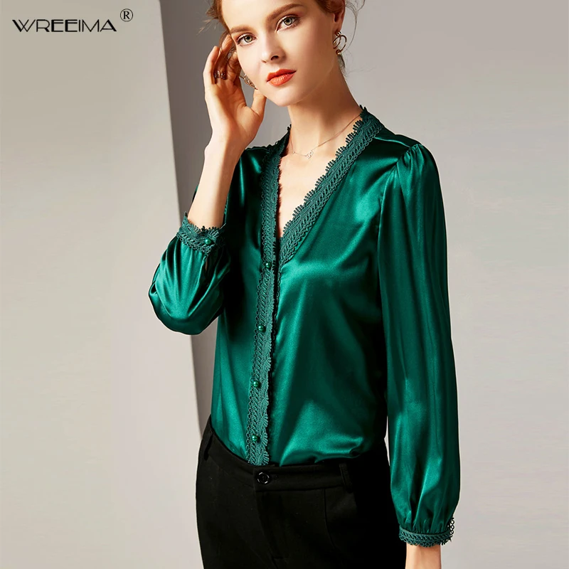 

2019 spring New Fashion Women Casual elegant Deep V-neck Satin Blouse Long Sleeve Office Lady Shirts New Fashion Women Tops JF77