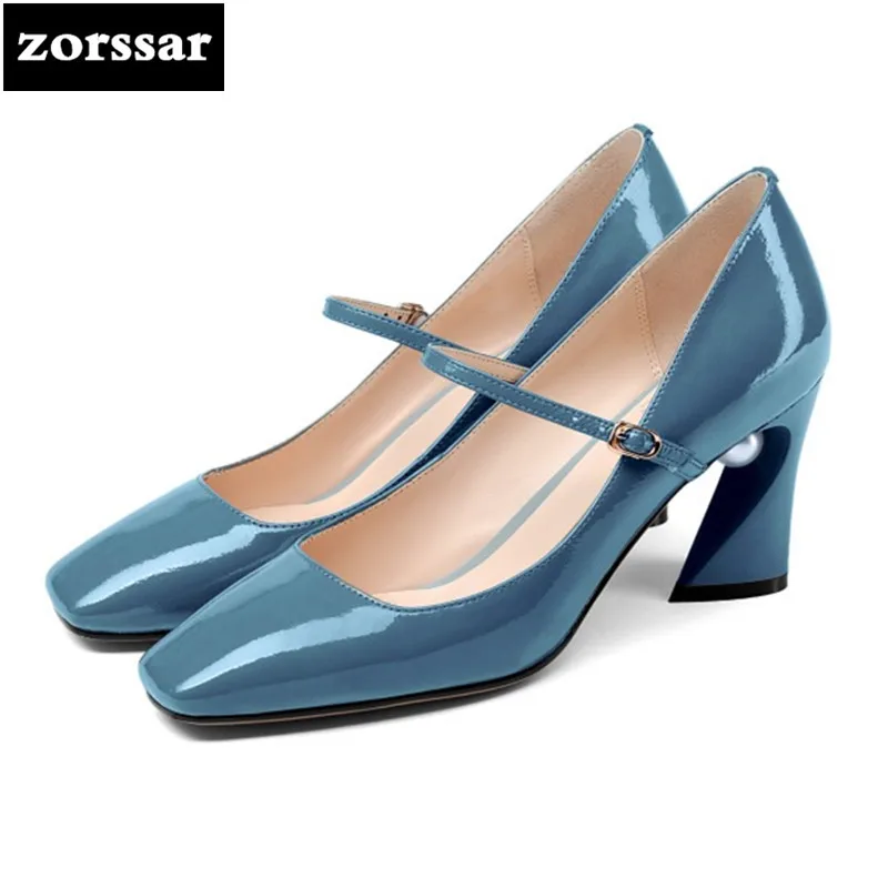 

{Zorssar} 2018 New fashion pearl Patent leather womens High heels Square toe shoes thick heel pumps ladies Mary Jane shoes