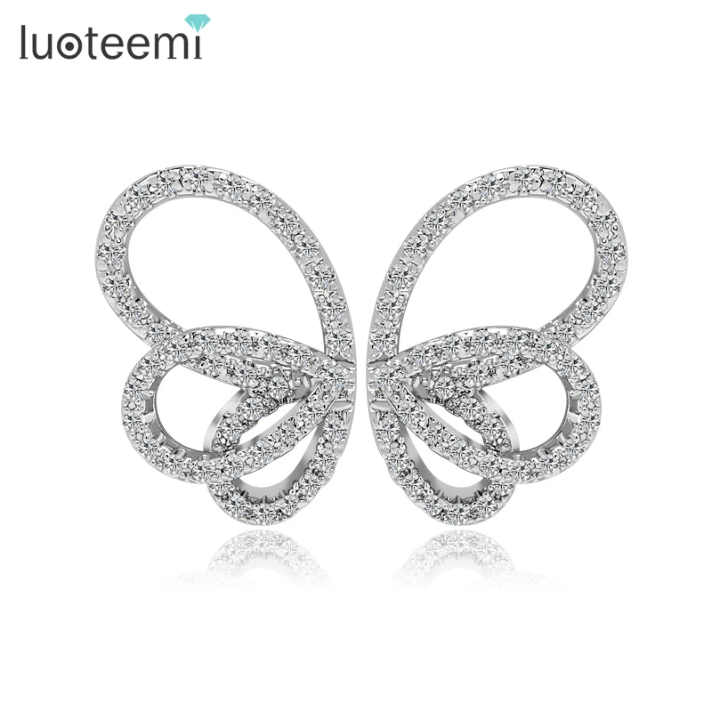 

LUOTEEMI Classic High Quality White Gold-Color Butterfly Shape Charm Stud Earrings With Luxury Tiny AAA Zircon for Girls Women
