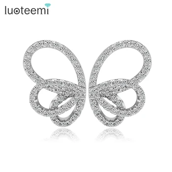 

LUOTEEMI Classic High Quality White Gold-Color Butterfly Shape Charm Stud Earrings With Luxury Tiny AAA Zircon for Girls Women