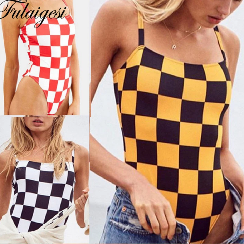 

2019 New Sexy Plaid Summer Swimwear Women Swimsuit Strap Push Up Bathing Suit Monokini Red White Black One Piece Beach Jumpsuit