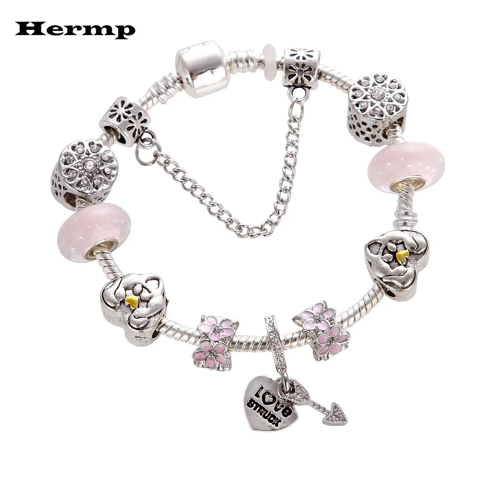 

Hermp Sparking luck heart flower beads with clear Crystal zirconia Fit Original Pandora Charms Bracelet Jewelry